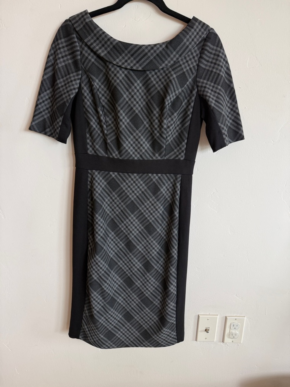 White House Black Market Gray Plaid Midi Sheath Dress with Black Panels